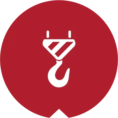 A white icon of a crane hook inside a red circle.