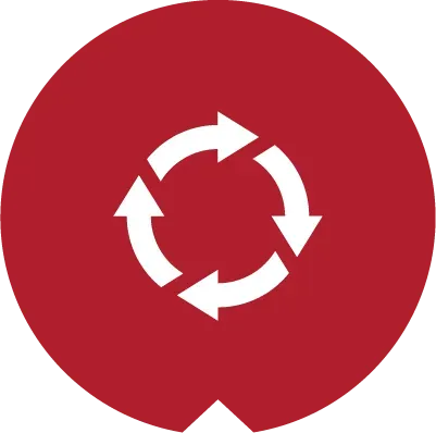 A white circular arrow icon, symbolizing renewal or a cycle, centered on a solid red circular background.