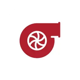 A red silhouette icon of a turbocharger, featuring a white spiral fan design in the center.