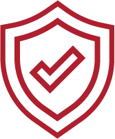 A red outline of a shield containing a matching red checkmark.