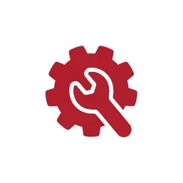 A red icon featuring a gear with a wrench centered inside, symbolizing settings, maintenance, or repair.