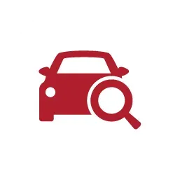A dark red icon of a car featuring a magnifying glass, symbolizing a vehicle inspection or search.