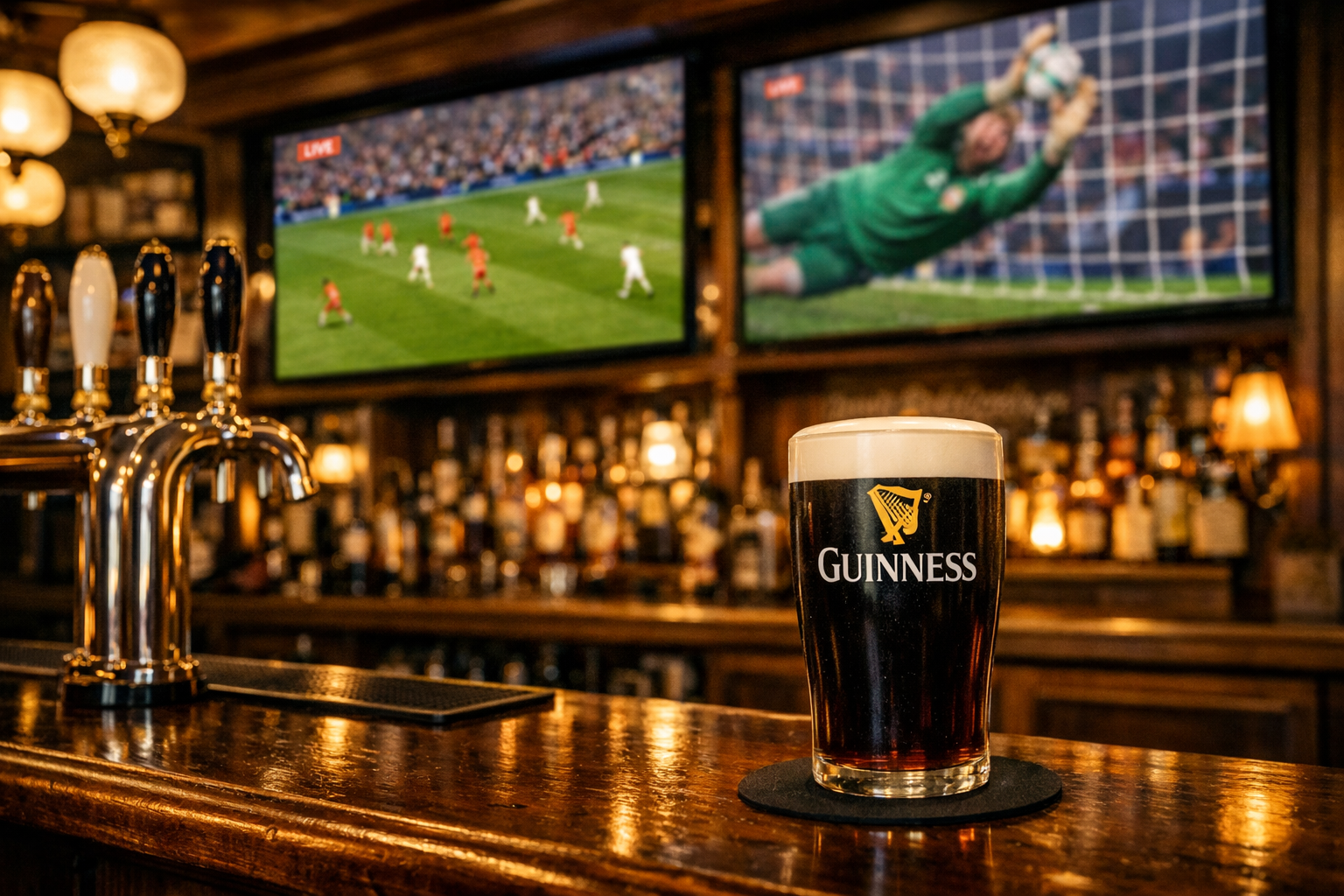 A pint of Guinness sits on a wooden bar in a pub, with two televisions above showing a soccer match.