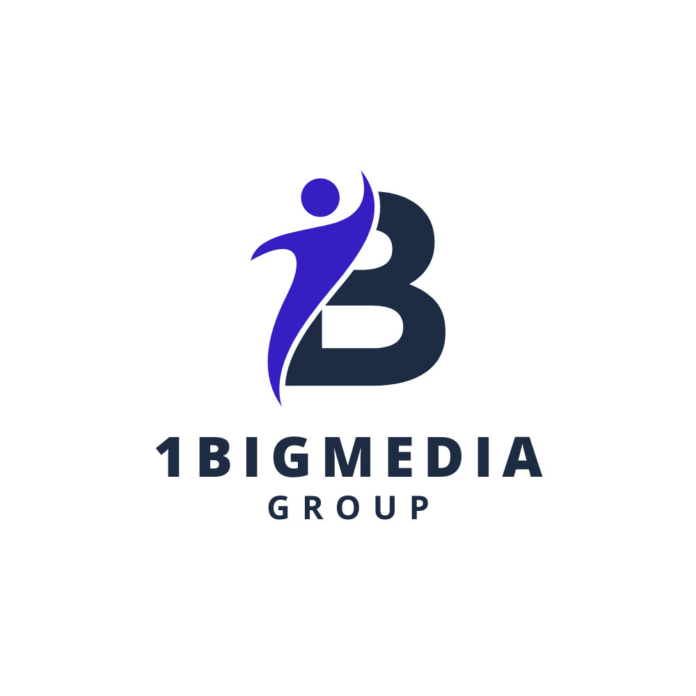 Blue figure reaching up integrated into a dark blue "B", "1BIGMEDIA GROUP" below.