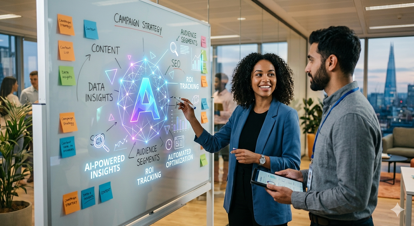 A woman in a blue blazer points to an AI-themed whiteboard diagram while a colleague looks on in a modern office.