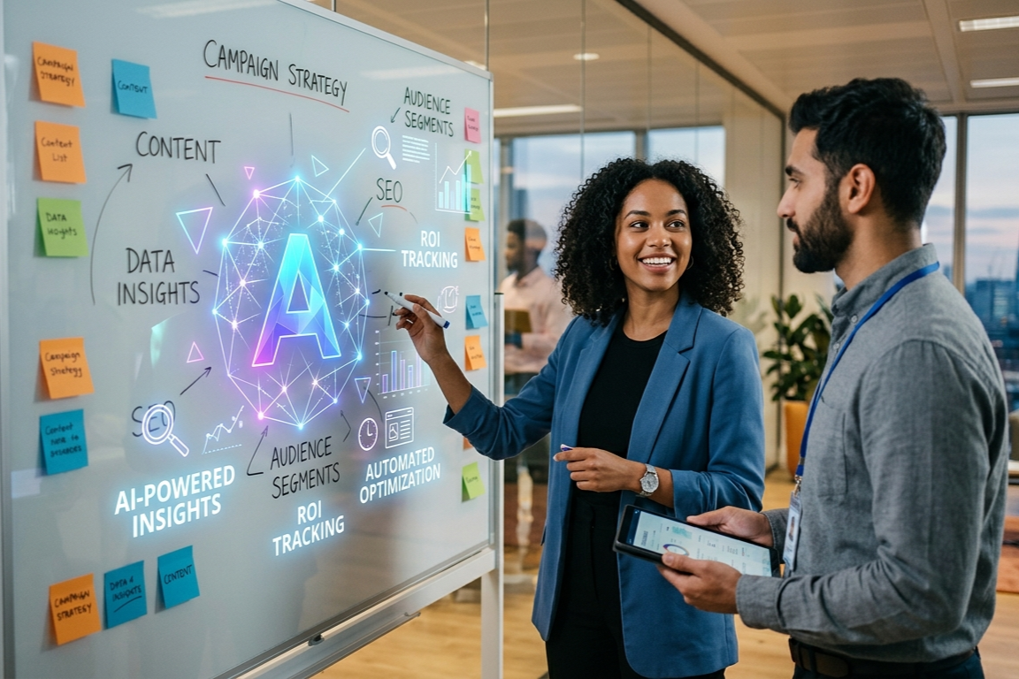 Two professionals collaborate at a whiteboard featuring a glowing digital AI graphic and strategic planning notes.