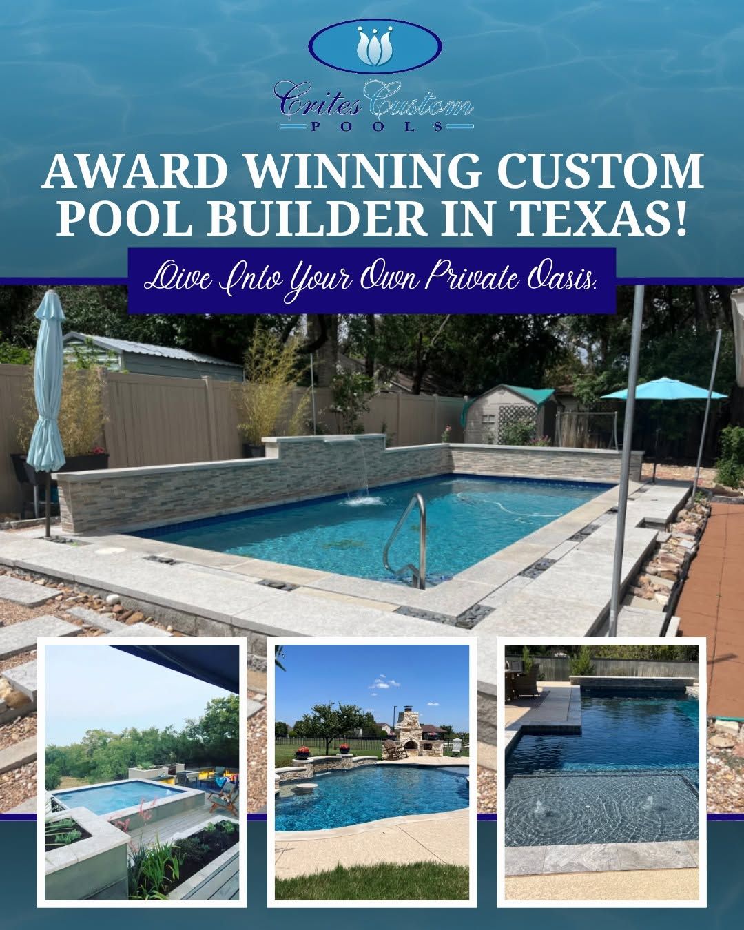 Luxury custom pool builder ad with backyard swimming pools and blue water, titled “Award Winning Custom Pool Builder in Texas”