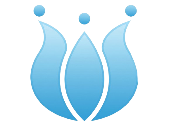 Blue abstract flower or lotus-style logo with three curved petals and small dots above them