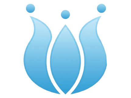 Blue abstract logo with three stylized petals and dots above them