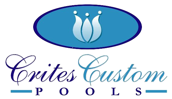 Crites Custom Pools logo with blue oval and stylized white fountain over script text