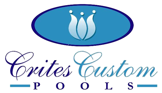 Crites Custom Pools logo with blue oval and stylized water fountain above purple script text