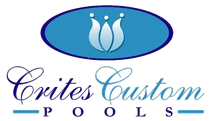Crites Custom Pools logo with blue oval and stylized water fountain above purple script text