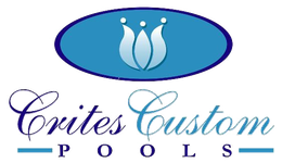 Crites Custom Pools logo with blue oval and stylized water fountain above purple script text