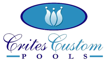 Crites Custom Pools logo with blue oval and stylized water fountain above purple script text