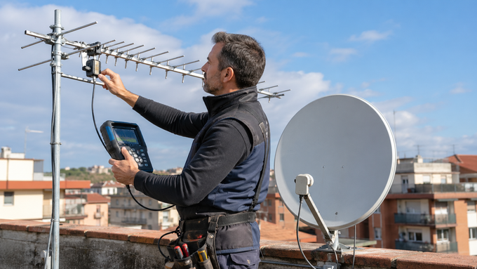 Un tecnico regola con un multimetro l'antenna TV sul tetto, accanto a una parabola satellitare, sotto un cielo sereno.