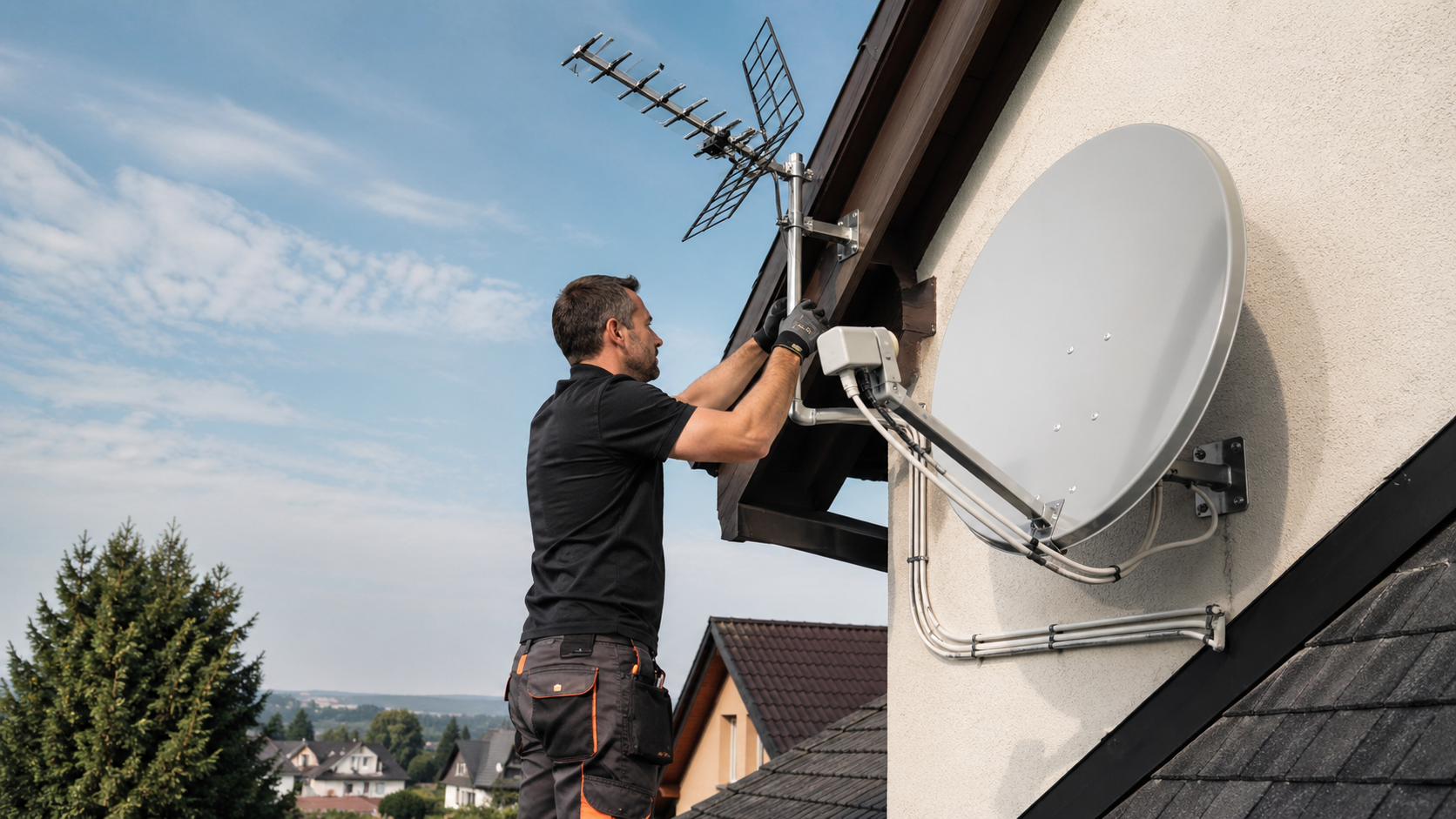 Un uomo installa un'antenna parabolica sul tetto di una casa, accanto a un'antenna televisiva.