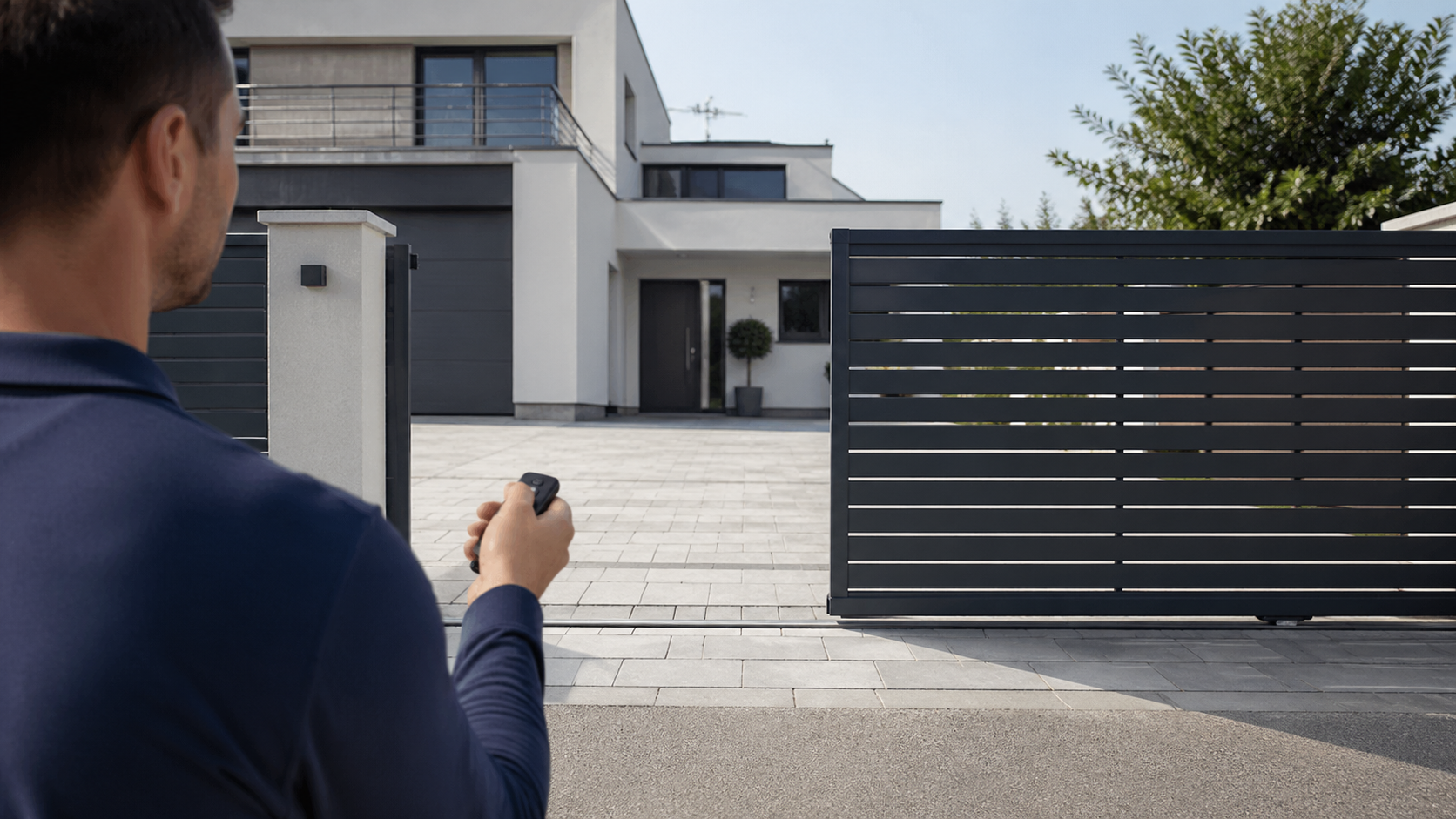 Una persona con in mano un telecomando è rivolta verso una casa moderna con un cancello nero.