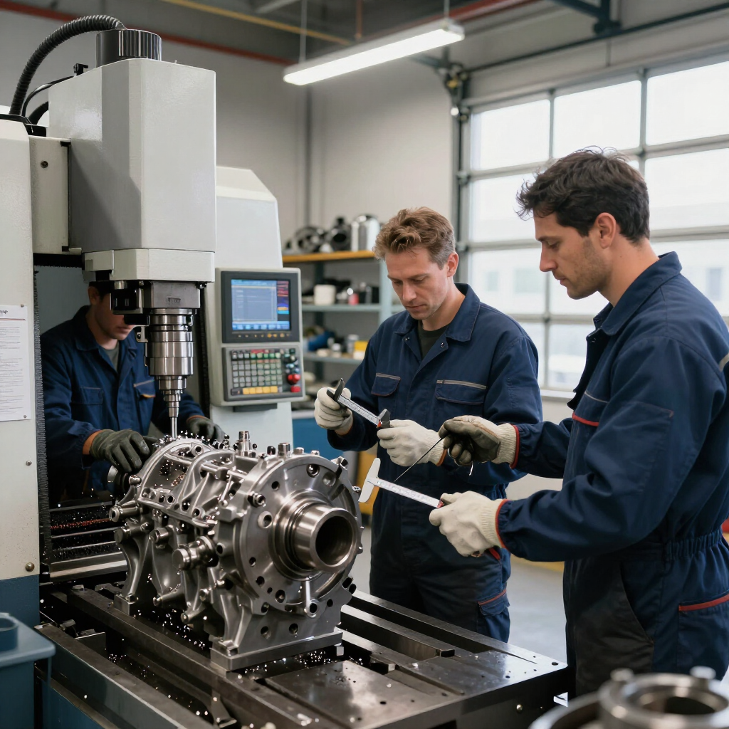 En un taller, ingenieros con uniformes de trabajo azules inspeccionan un bloque de motor metálico junto a una máquina CNC.
