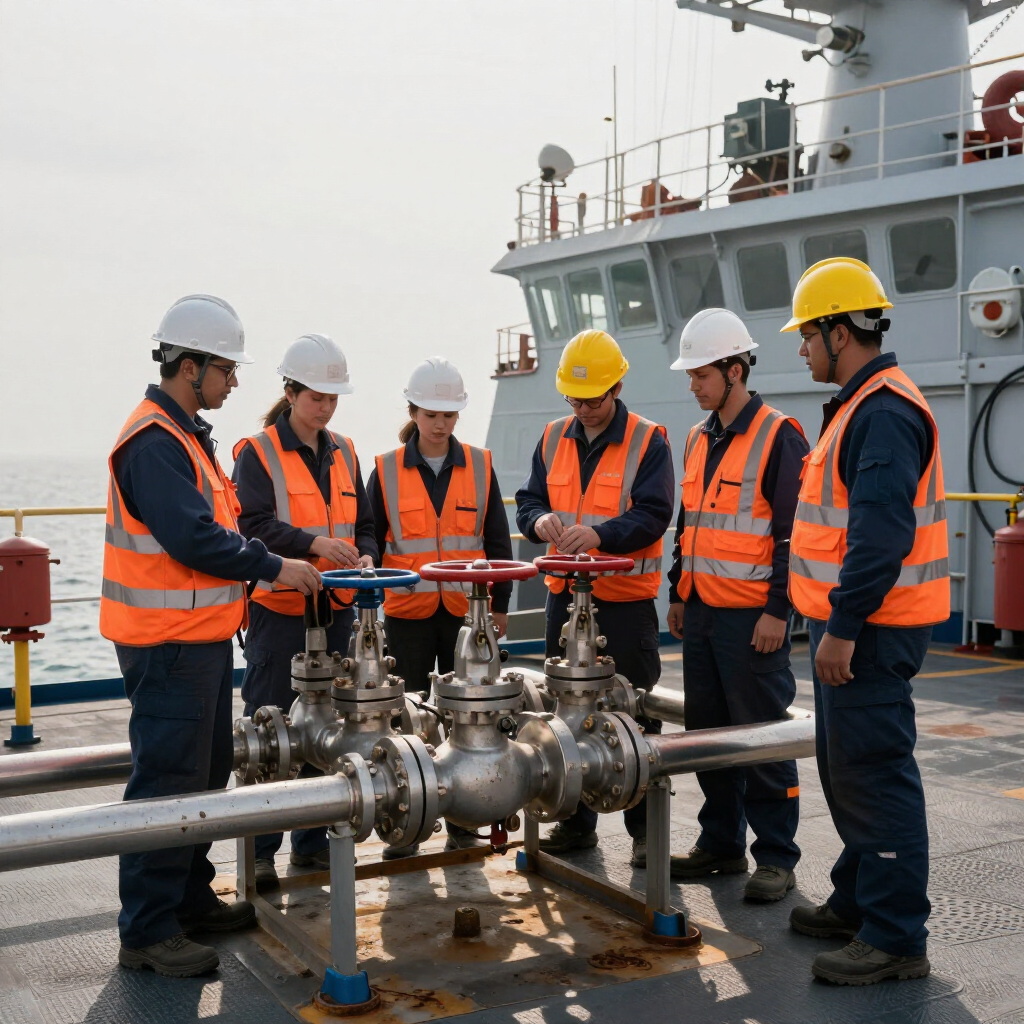 Ingenieros con cascos y chalecos naranjas inspeccionando las tuberías y válvulas de la cubierta del barco.