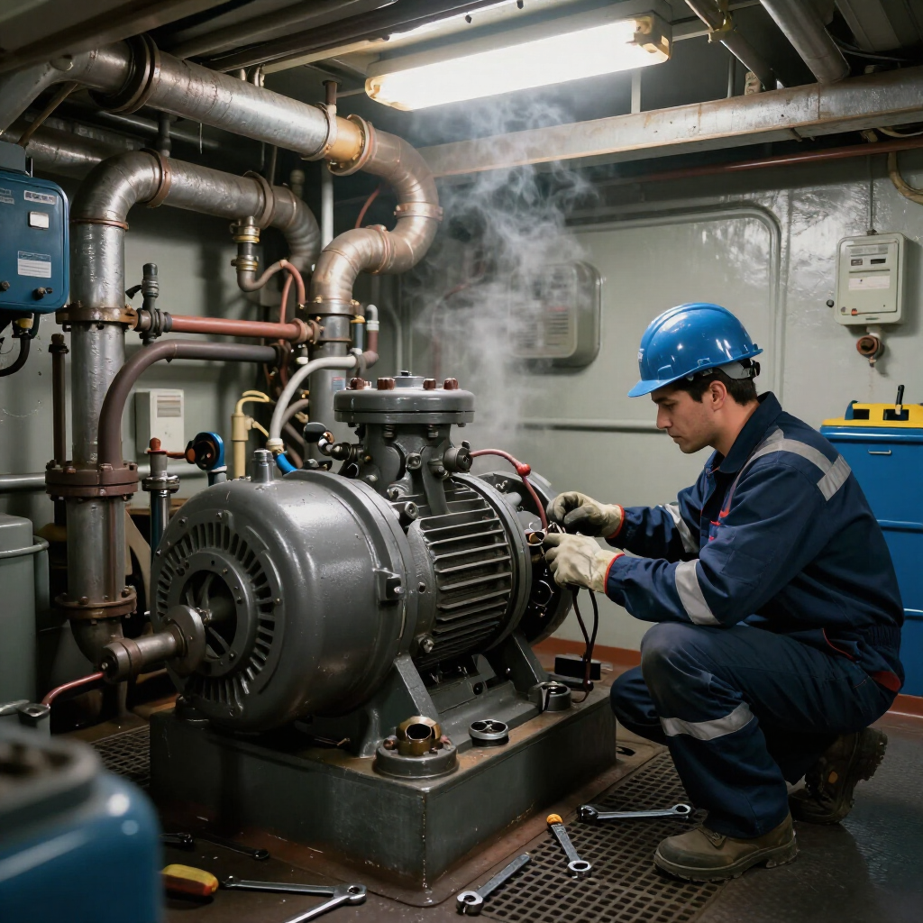 Un técnico con casco azul inspecciona un gran motor industrial en una sala de máquinas llena de vapor.