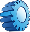 Icono de engranaje azul con rueda dentada y centro luminoso sobre fondo blanco.