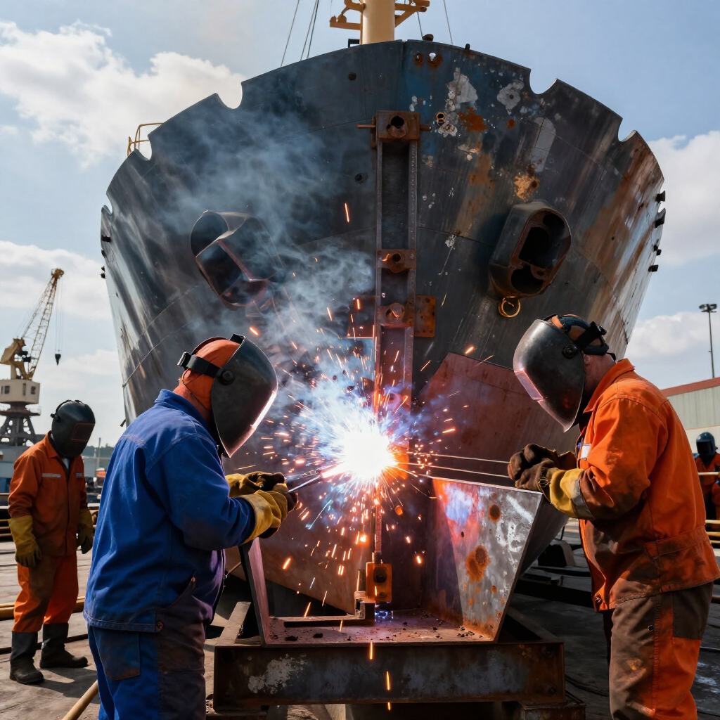 Trabajadores soldando el casco de un gran barco al aire libre, entre brillantes chispas y humo, en un astillero.