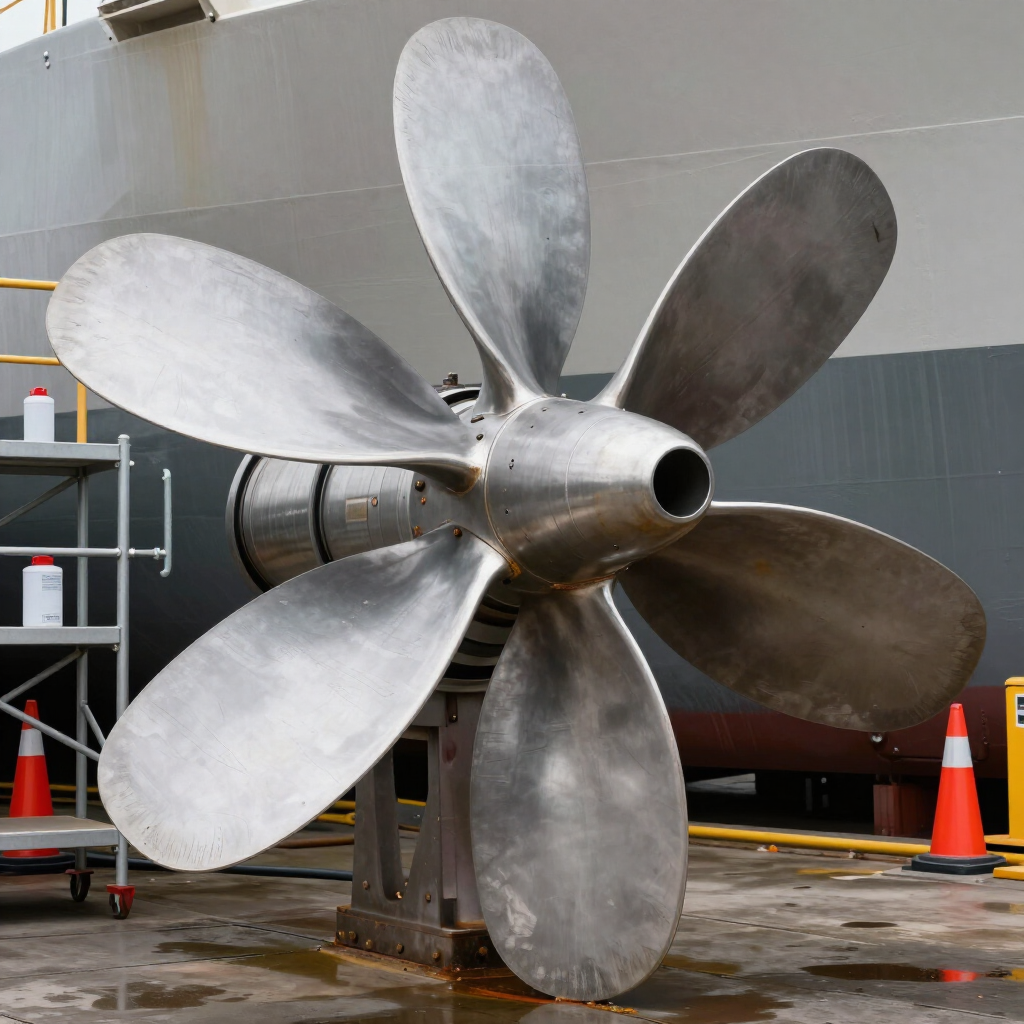 Gran hélice metálica de barco en un taller industrial, con conos naranjas y paredes grises.