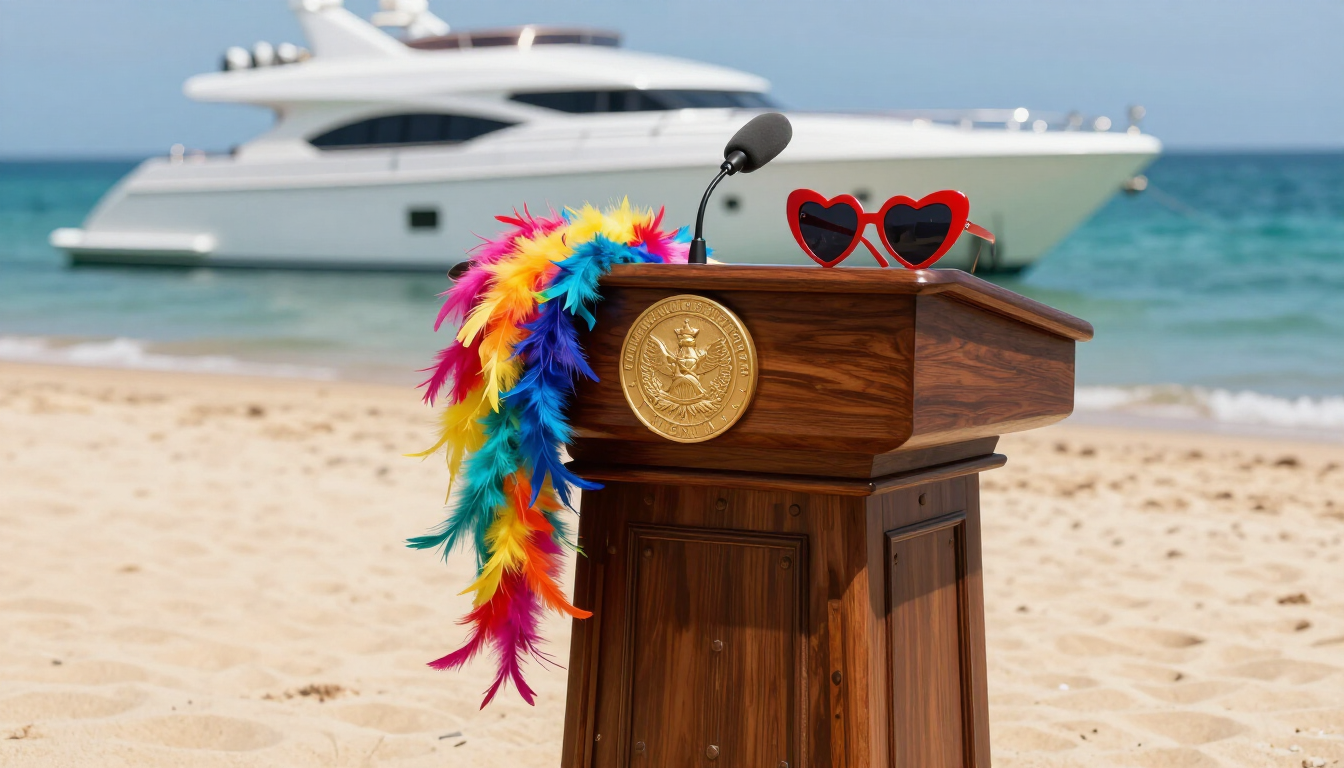 Podium on a beach with a feather boa, heart-shaped sunglasses, and a yacht in the background