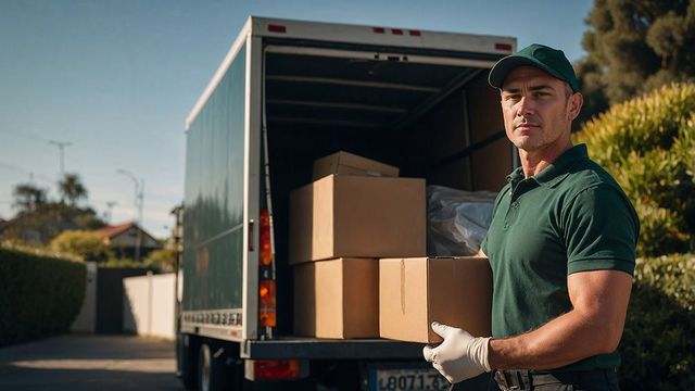 A delivery man is standing in front of a truck filled with boxes.