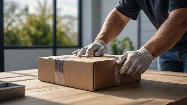 A man wearing gloves is packing a cardboard box on a wooden table.