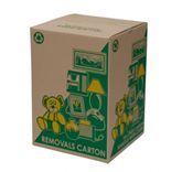 A cardboard box with a teddy bear on it.