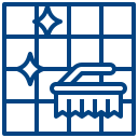 Blue icon of a tiled shower with a squeegee on the wall and soapy water on the floor