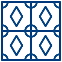 Blue geometric tile pattern with four diamond shapes and circular intersections on a white background