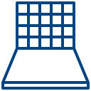 Blue icon of an open laptop with a grid-pattern screen on a white background