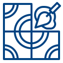 Blue abstract square icon with a stylized globe and magnifying glass/search marker