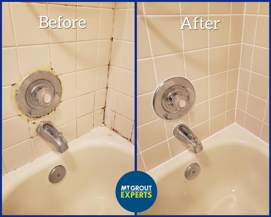 Before-and-after bathroom tub faucet and tile grout cleaning comparison.