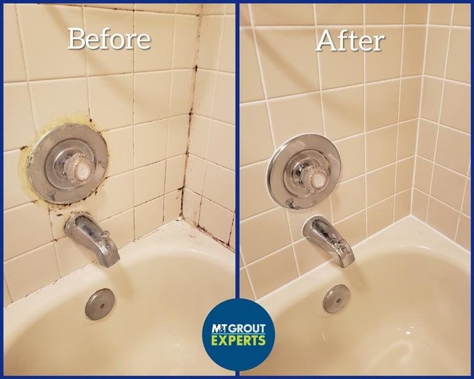 Before-and-after bathroom tub faucet and tile grout cleaning comparison.