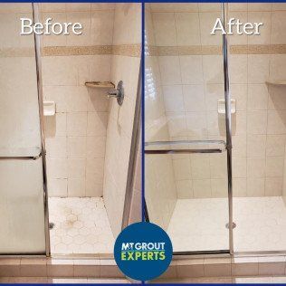 Before-and-after tiled shower stall, showing a grout repair from worn white floor to clean finished tile.