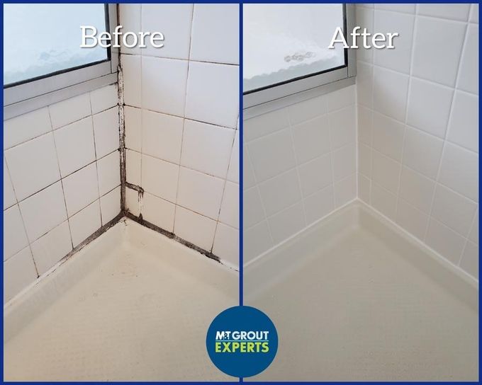 Before-and-after of a bathroom tile corner cleaned and sealed, removing mold and grime.