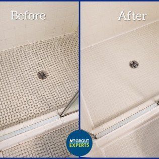 Before and after shower floor cleaning: stained mosaic tile left, clean white floor right.