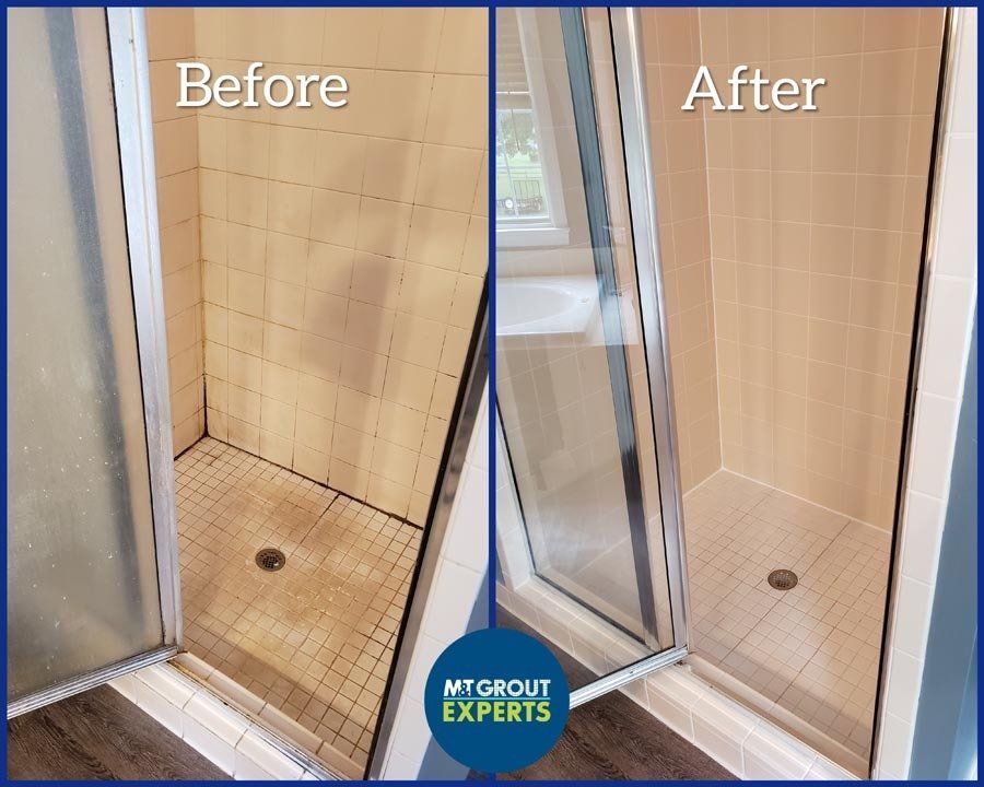 Bathroom shower stall before-and-after: grout cleaned from stained beige tiles to a brighter finish.