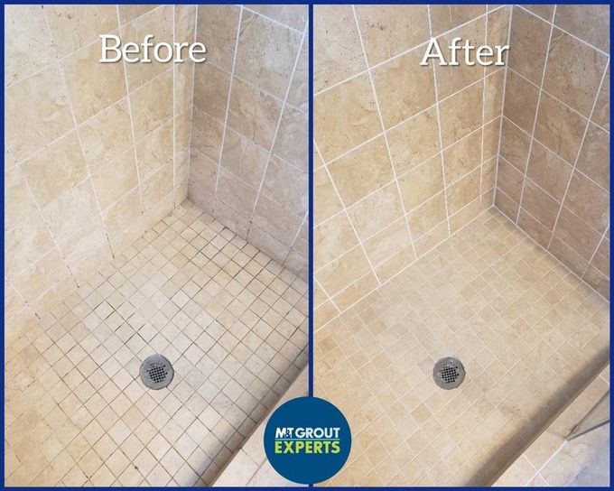 Before-and-after shower floor cleaning, showing stained grout and a brighter cleaned surface.