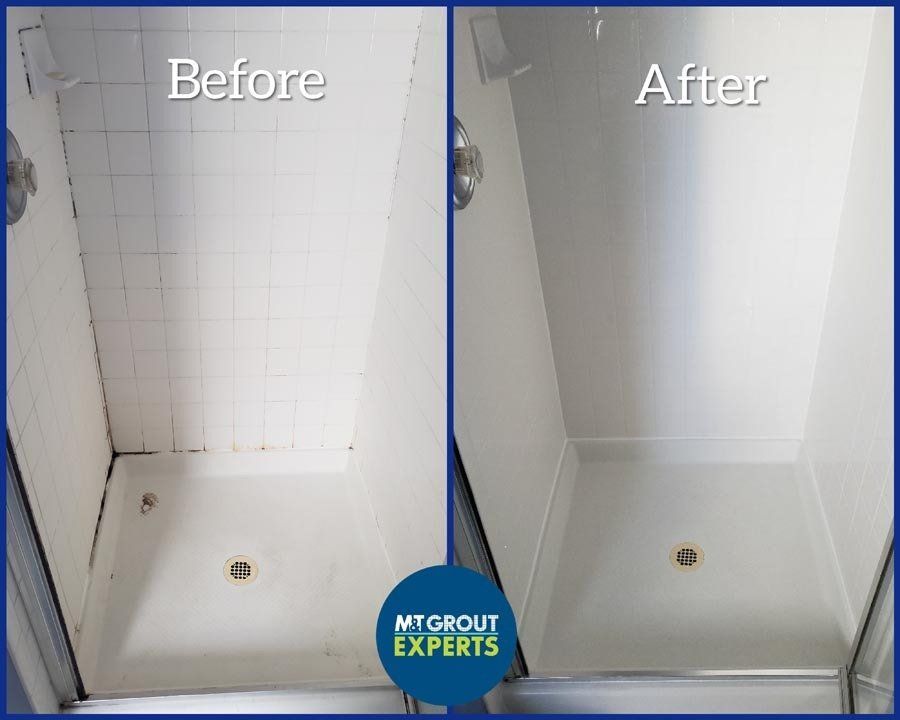 Before-and-after shower stall cleanup: tiled walls and floor, stained left, clean white right.