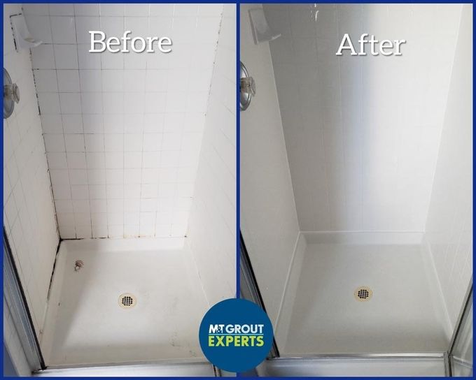 Before-and-after of a shower pan resurfacing, showing a tiled shower floor on the left and a smooth white finish on the right.