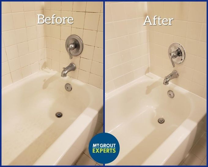 Before-and-after bathtub with shower fixture: stained wall on left, cleaned wall on right.
