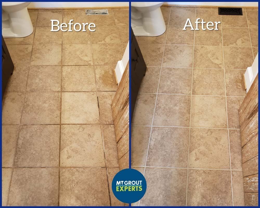 Before-and-after photo of dirty bathroom tile grout cleaned to a lighter color.
