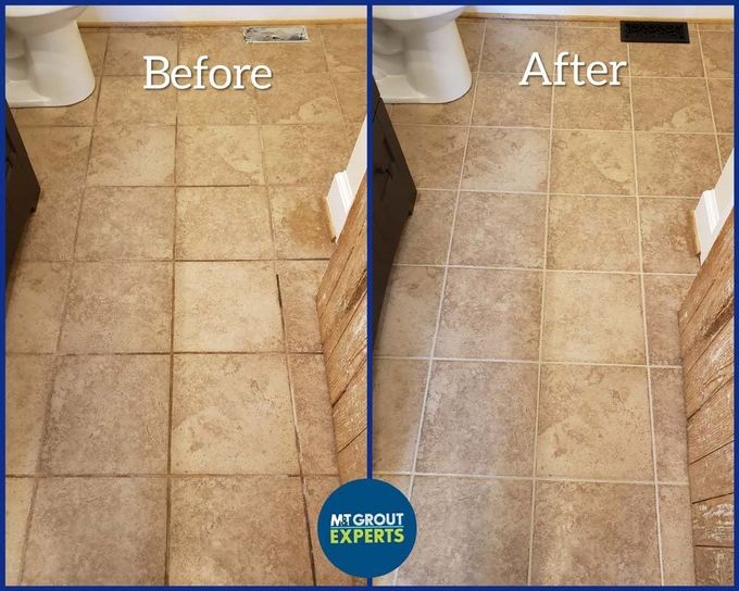 Before-and-after photo of a beige tile floor with grout cleaned and darkened on the right.