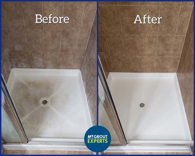Before-and-after shower stall cleaning: dirty white basin on left, bright clean basin on right.