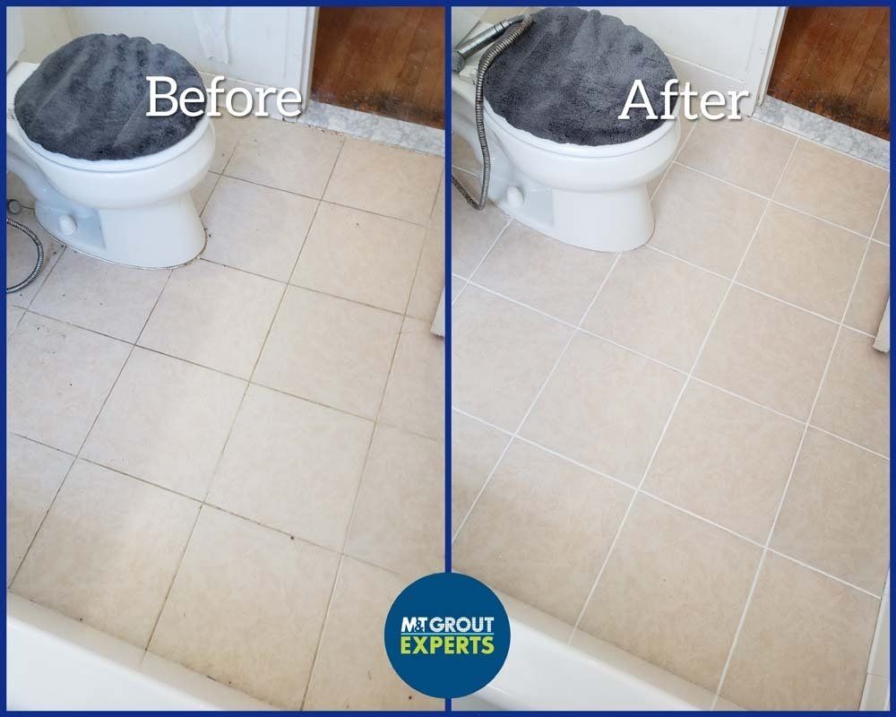 Bathroom floor before-and-after: dirty tile cleaned to a brighter, spotless finish.