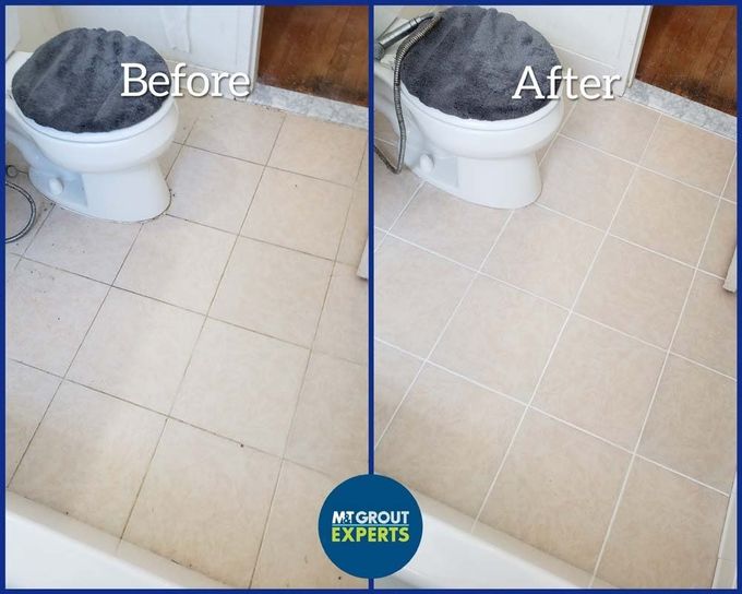 Before-and-after of a tiled floor cleaned from dirty beige to bright white tiles.